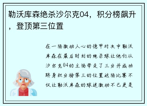 勒沃库森绝杀沙尔克04，积分榜飙升，登顶第三位置